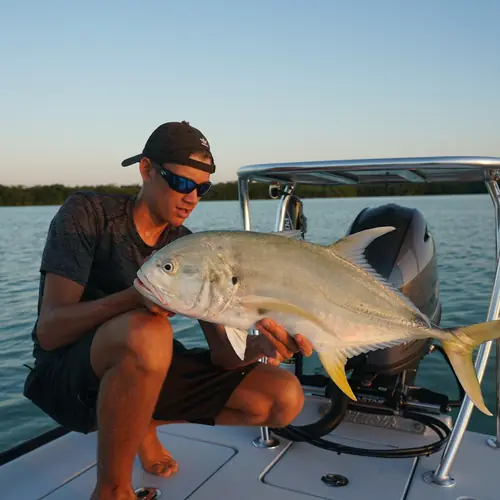 A Jack Crevalle caught aboard the Double Threat on a Miami fishing charter