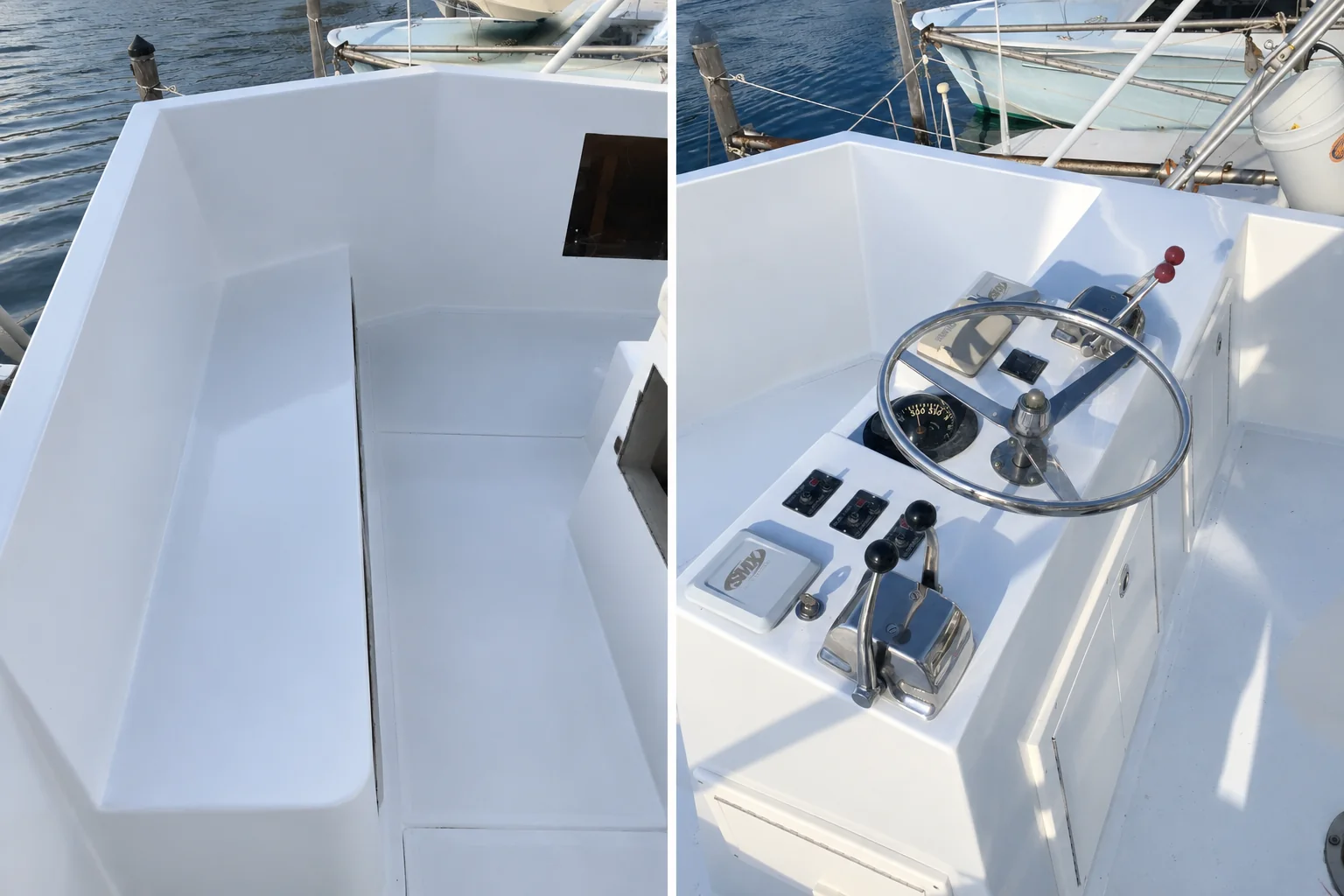 The flybridge after fairing and paint, with new SMX displays and steering installed