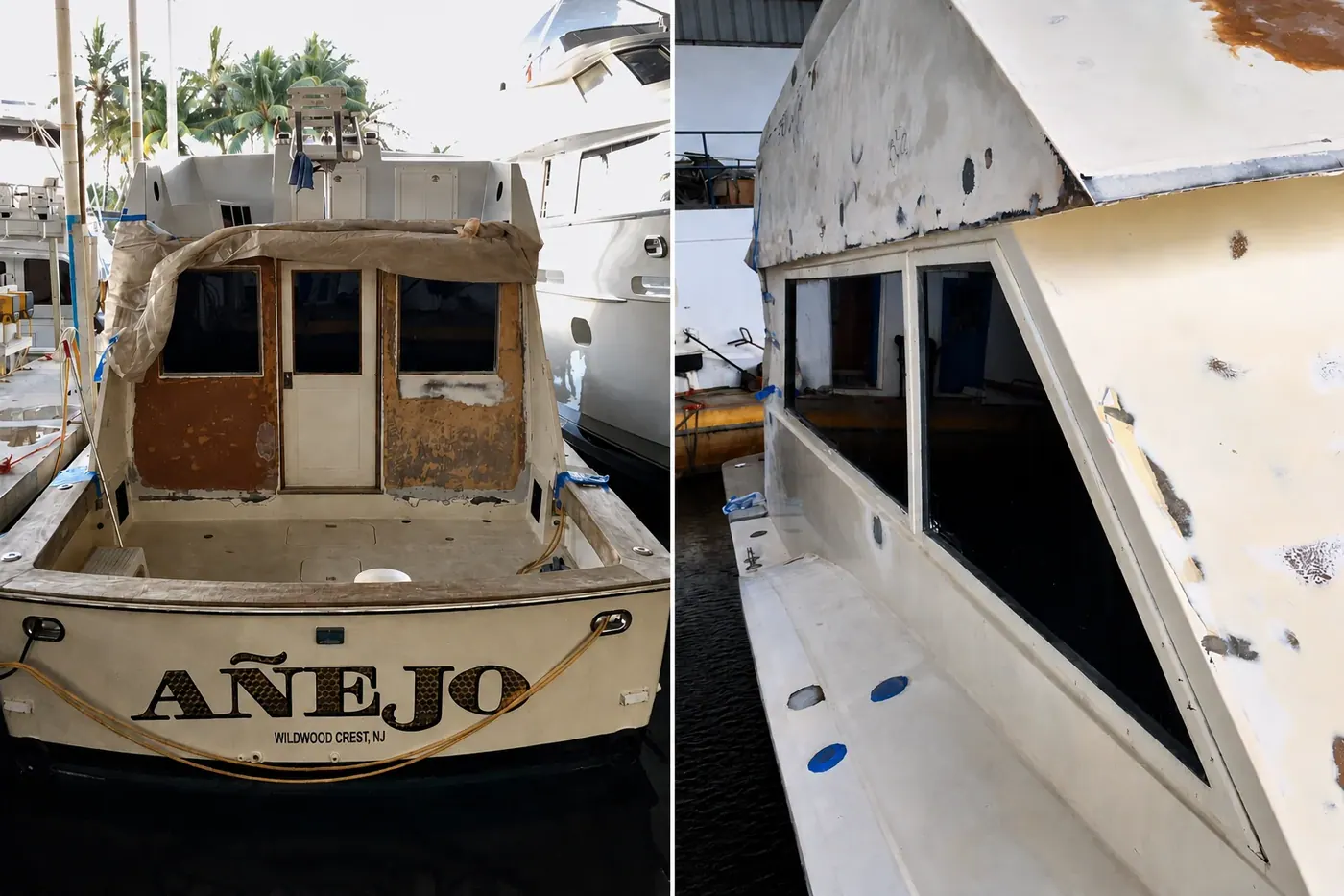 The rough Añejo before the rebuild, original name still on the transom