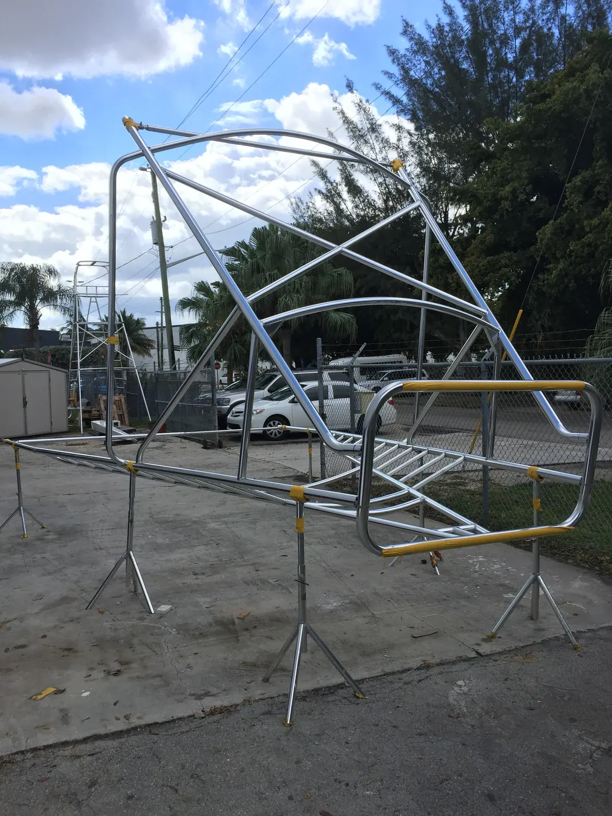 The fabricated aluminum tuna tower on stands in the yard before installation