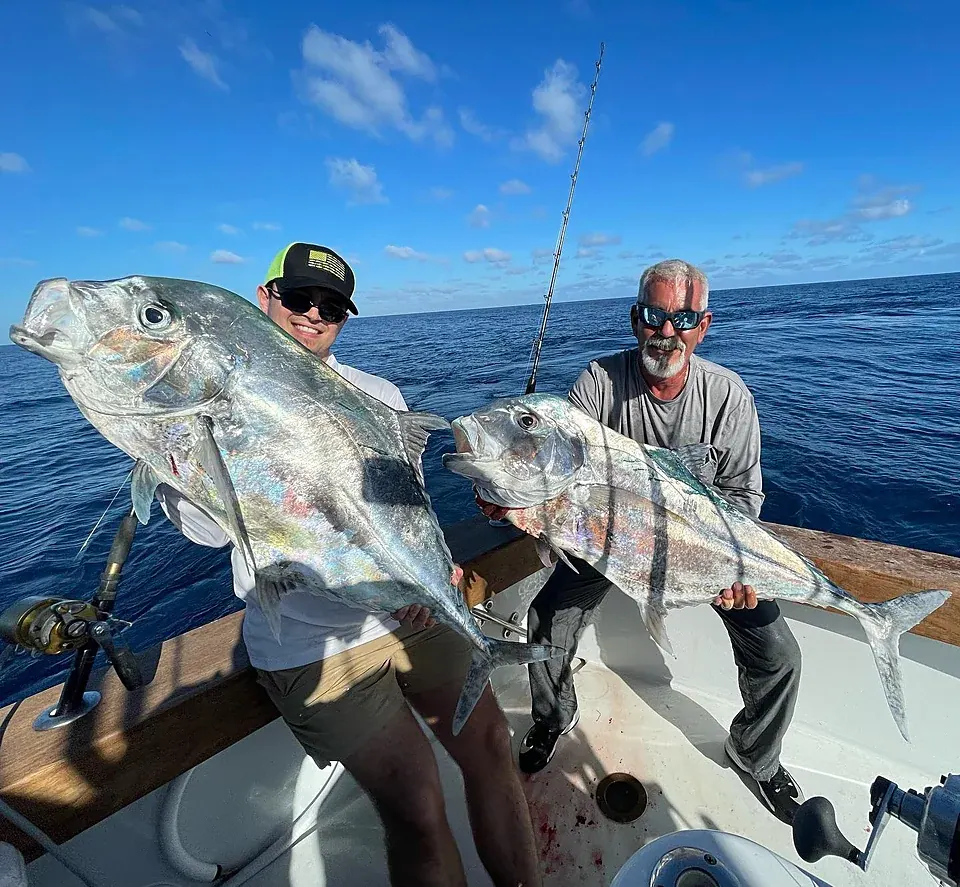 A doubleheader of African pompano caught wreck fishing off Miami