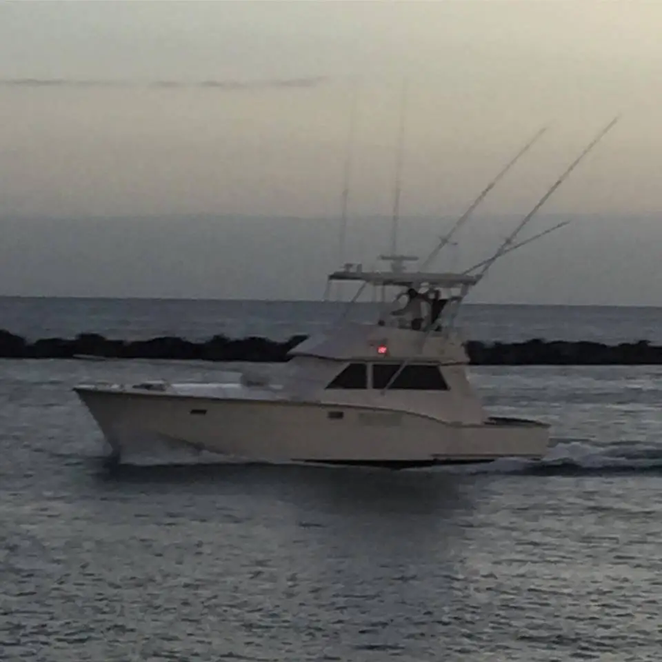 The Hatteras running into Government Cut, Miami, at the end of the trip home from New Jersey