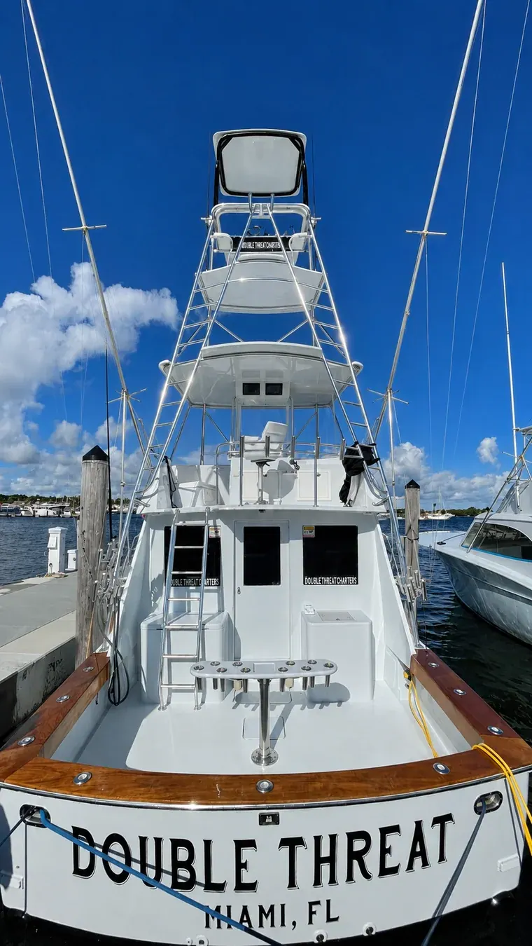 The Double Threat docked bow-on at Coconut Grove, Miami